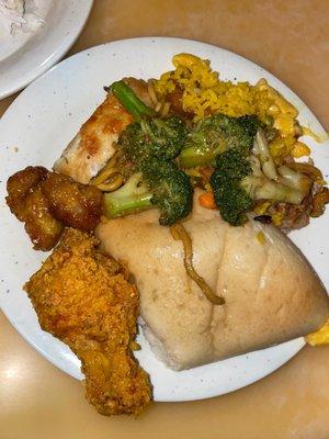 Fried chicken, yellow rice, bread (delicious), noodles, broccoli