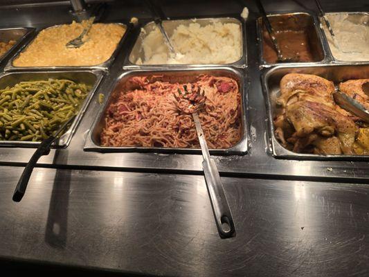 Baked chicken, spaghetti, Mac n cheese,  green beans mashed taters & gravy