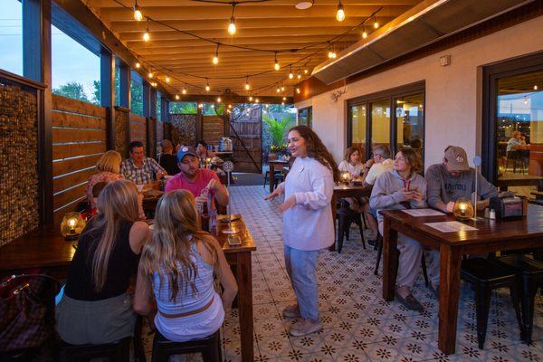 Our covered patio with one of our friendly faces!