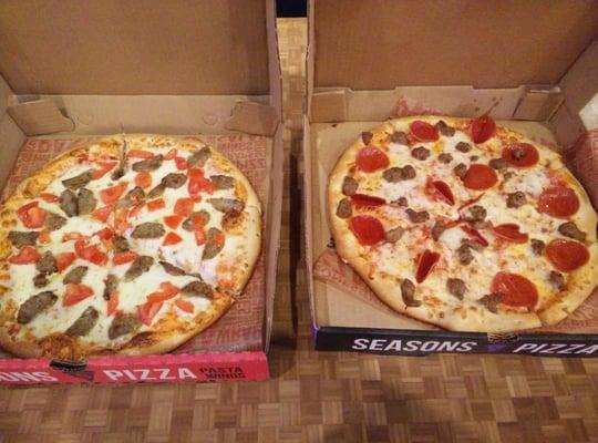 Meatball and tomato on the left and pepperoni and sausage on the right