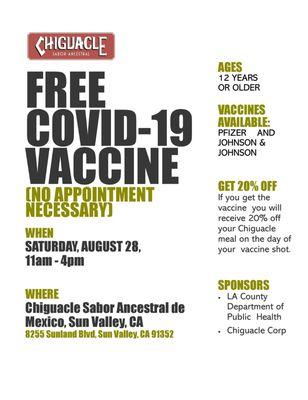 Fast, convenient and free covid19 vaccine on Saturday, Aug 28th from 11am to 4pm. PLUS GET 20% OF YOJR MEAL IF VACCINATED THAT DAY.