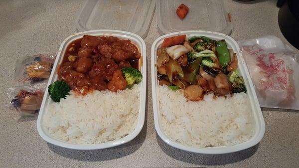 Takeout: General Tso Chciken & Mixed Vegetable Combo Meals.