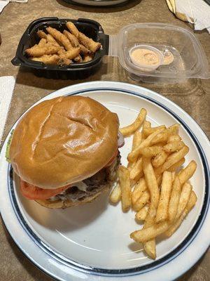 Double bacon cheeseburger with fries and fried pickles