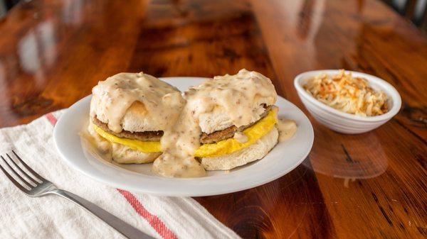 Sliders, Oh Henry style. Two sausage, egg, cheese biscuits with our house-made gravy & hashbrowns.