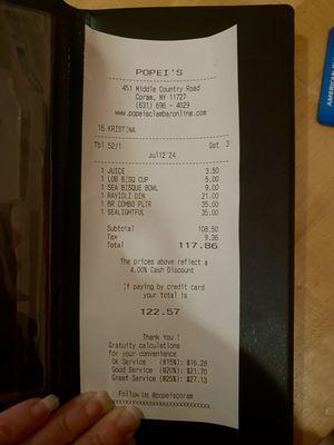 The receipt (without the $5 Yelp check in discount)