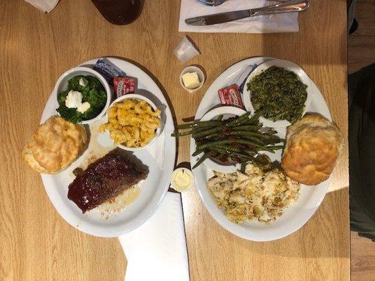 Chicken Casserole with creamed spinach and green beans, meatloaf, mac n cheese broccoli and biscuits.