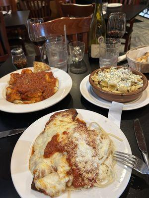 Chicken Parmigiana, Penne shrimp marinara, and baked Orecchiette.