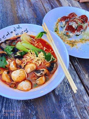 spicy miso mushroom ramen and Golden mountain vegan sushi roll