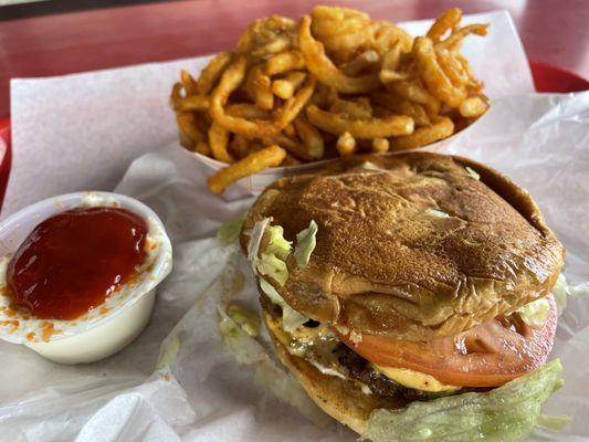 Baby cheeseburger and small curly fries