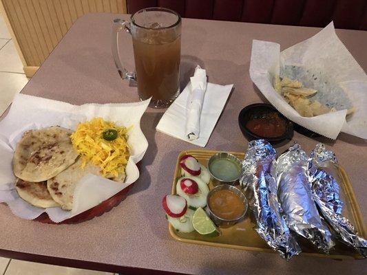 Tamarindo drink, chips with salsa, pupusas, and 3 tacos: shrimp, pork, tongue beef ($2 each). So delicious! Authentic!