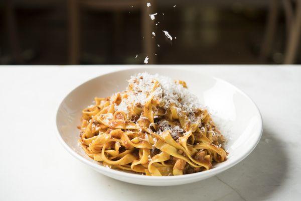 Tagliatelle with beef and pork bolognese, and plenty of parmesan.