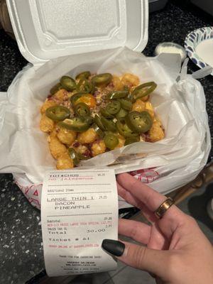 Totchos with added note: no jalapeños