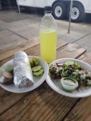 Agua de limon, carne asada burrito, 3 tacos