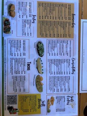 The back of the menu