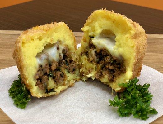 Potato Ball filled with ground beef and mozzarella cheese, coated with panko.