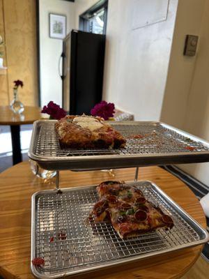 Delicious Detroit-style pizza...with cup-and-char