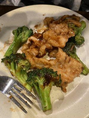 Chicken and broccoli. Broccoli was not steamed enough