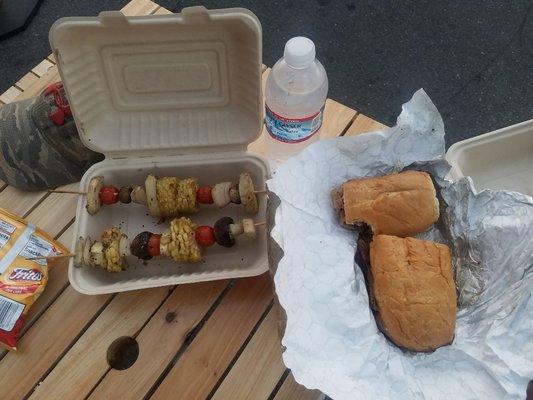 Bbqed veggie skewers & a tri tip sandwich at the Magnolia Center Marketplace's weekly night market