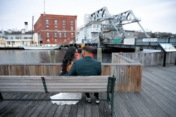 Elopement at The Whaler's Inn with bascule drawbridge in the background in Downtown Mystic