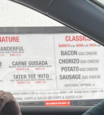 Drive thru menu