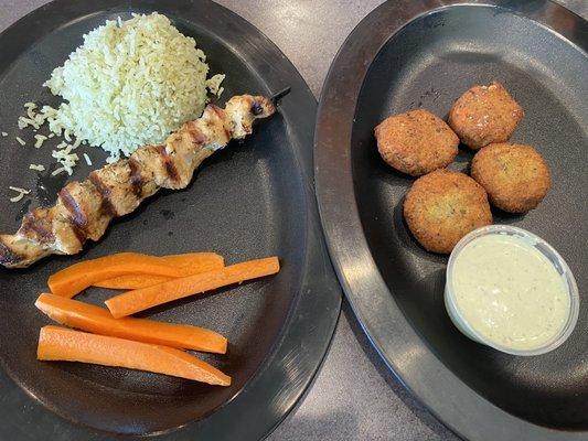 Kids Kid's Meal/Adult Snack & Falafel ... chicken kabob was a bit dry... could have been plated better.