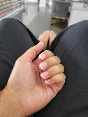 Shellac French tip hands, natural pink regular polish toes