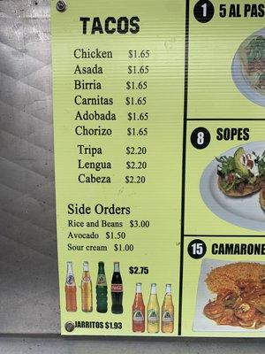 Taco price, menu