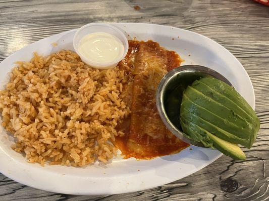 1 cheese enchilada Al La carte, side of rice side of avocado