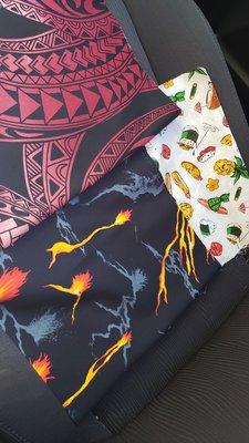 3 printed fabrics I got (Red & Black Tribal, Black Lava & a Beige Local Food design (Katsu, Laulau, Musubi, etc))