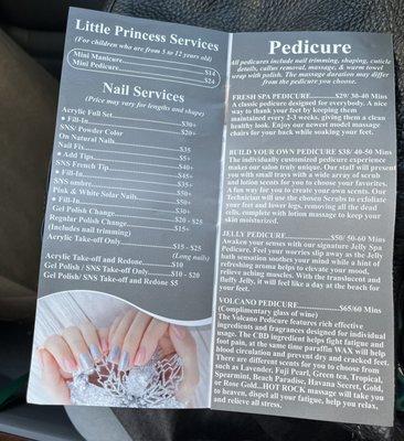 Pedicure menu