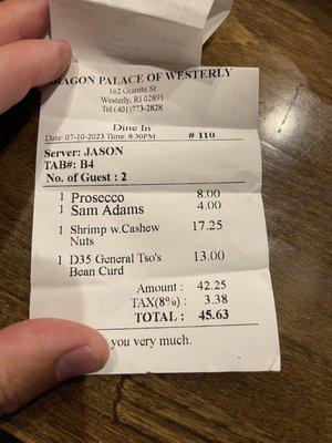 $4 for a Sam Lager! Pricing was very good for large portions. Tons of jumbo shrimp and tofu