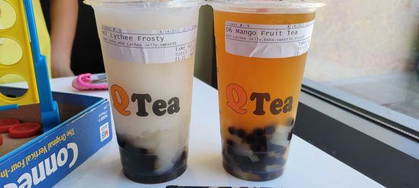 #H2-Lychee Frosty  #D6-Mango Fruit Tea both with boba pearls & lychee jelly and basil chicken.