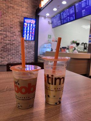 Happily sipping our Coffee Boba and Brown Sugar Milk Tea with Boba