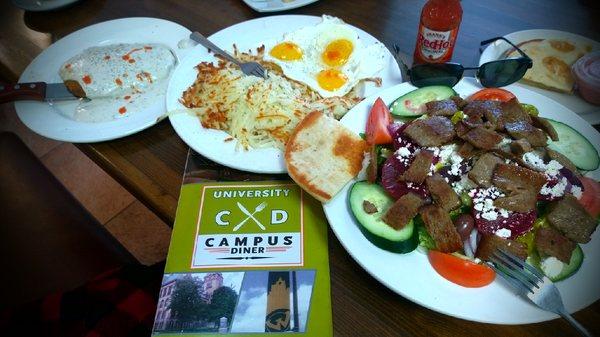 Truly great Country Fried Steak n Eggs hash brown too. Gyro Greek Salad Delicious