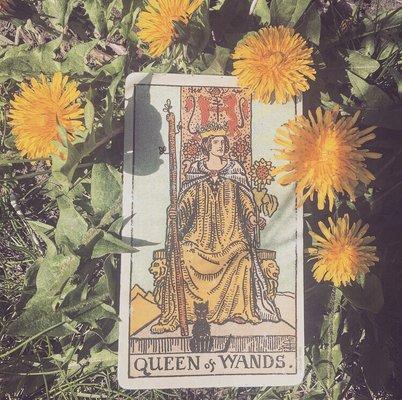 Queen of Wands: Invoke Yourself.  Remember yourself whole. Discover your power. Know the treasures you carry within. Access your divinity.