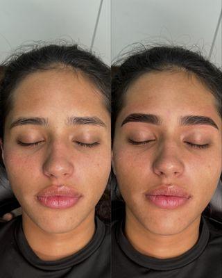 Before and after brow shaping, lamination and tint service.