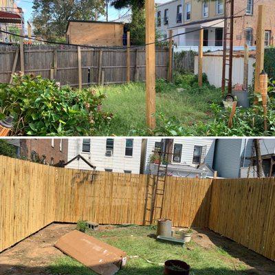 Privacy fence installation in backyard.