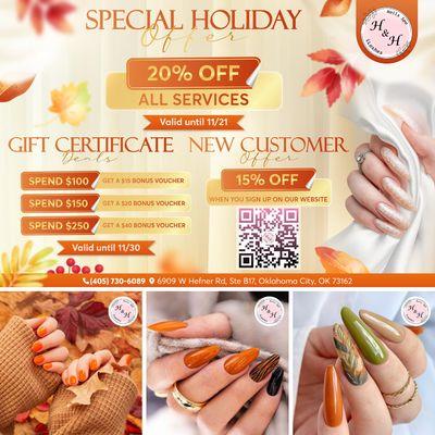 SPECIAL HOLIDAY OFFER 
 Enjoy 20% OFF All Services!
 Valid until 11/21/2024 - Grab these deals while they last!
 GIFT CERTIFICAT