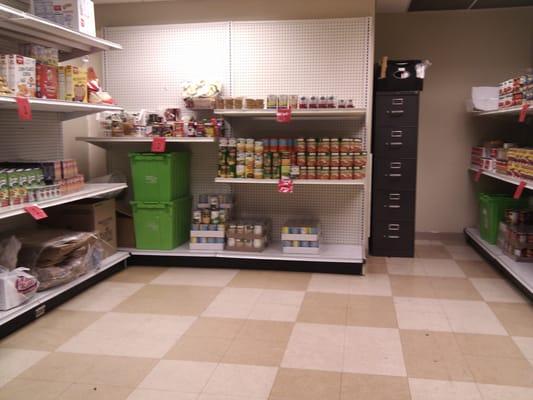 The food pantry is in two rooms at Rosie's.  They are twice a day, nearly every day.  Clients can come once per month.