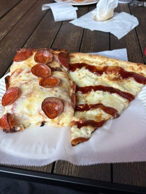 Sicilian pepperoni and bbq chicken