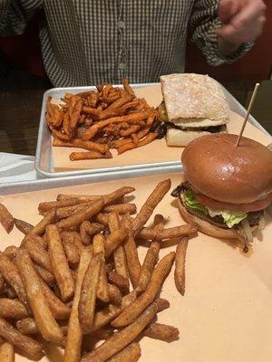 chicken swiss mushroom burger and pulled pork sandwich