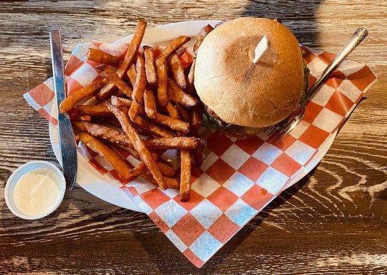 Cheese burger with sweet potato fries. Yum!