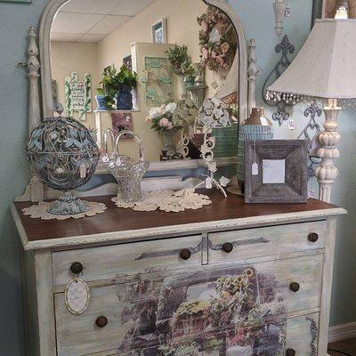 Chalk painted antique dresser with transfer.