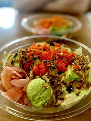 Soba noodles w/double shrimp avocado Masago ginger onions cucumbers WASABI spicy poke sauce WASABI mayo & giant WASABI ball. Haha.