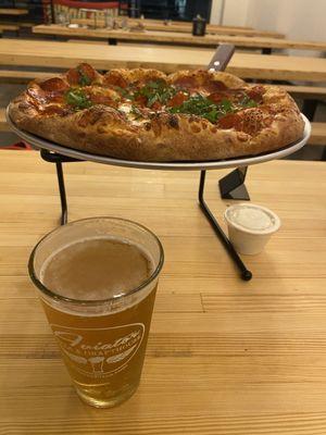 Pepperoni and Basil, and an ale