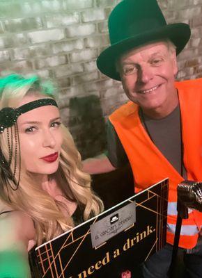 Dressing up for the Speakeasy Escape! (I told my dad he was going to be a demolition expert... so he showed up in this vest. Good times.)