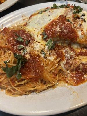 Eggplant parm with angle hair pasta ( I like to note no skin on the eggplant)