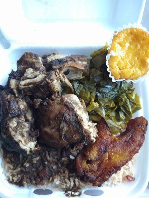 Jerk Chicken (cooked correctly, NOT burnt up), rice and peas, collard greens, plantains, and a corn muffin comes with it! All yummy!