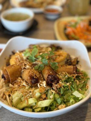 Vermicelli with grilled pork, shrimp and egg roll