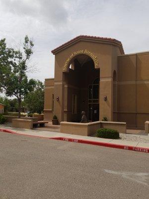 The entrance to the shrine (and parish); gift shop and parish hall, along with shrine offices are in the other building